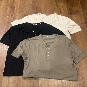 Lot Of 3 Buck Mason Henley Shirts Curved Hem Cotton Men’s Medium Black Tan Green